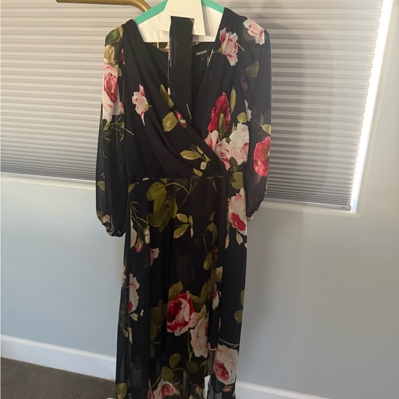 DKNY Navy Floral Midi Wrap Dress – Size 10 - Picture 3 of 6